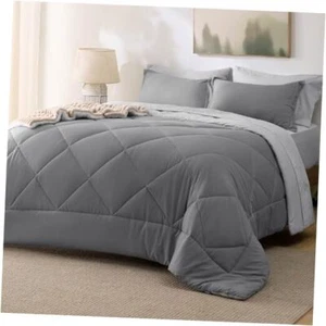 Comforter Set - 7 Pieces Reversible Comforters Size Bed Set, Queen 01 - Grey - Picture 1 of 7