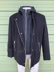 NEW ZARA MAN BLACK COAT WITH CONTRAST HOODIE ZIPPER FRONT SIZE L $149 P2 - Picture 1 of 5