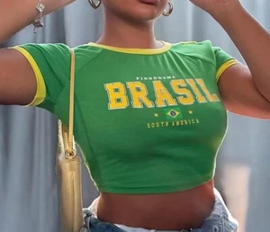 Short Sleeve Color Block Pindorama Brasil South America Graphic Crop Tee M & L - Picture 1 of 23
