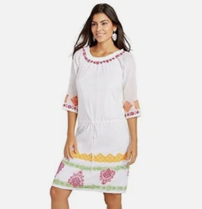 Tommy Bahama Embroidered Gauze 3/4 sleeve White cotton Boho Beach dress S - Picture 1 of 14