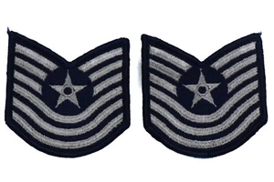 US Air Force Master Sergeant Rank Patch Vtg E-7 E7 Blue Chevron Pair USAF Sew On - Picture 1 of 3