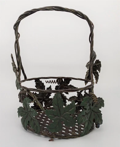Vintage Metal Open Weave Wire Basket Grapes Green Leaves Ivy Handle Bronze Tone Cover