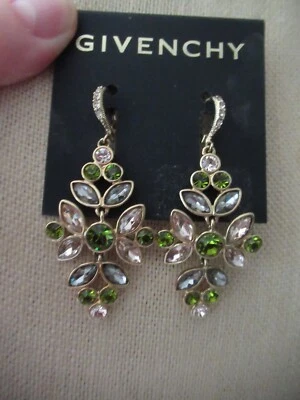 NWT Givenchy Gold Tone Lever Back Chandelier Earrings/ Green/Clear Crystals - Image 1 of 4