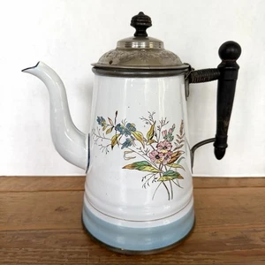 Antique French enamel coffee tea pot blue floral wood handle Pewter Lid Copper B - Picture 1 of 15