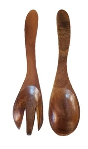Vintage Wood Salad Server Fork Spoon Set 3 Prong Curved Thick Handles - Picture 1 of 6