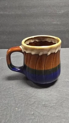 Stoneware Ceramic Mug Drip Glaze Fluted Cobalt Blue Brown Green Coffee Tea Cup Foto 1 de 4