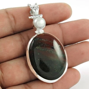 Women Gift Natural Pearl Bloodstone Handmade Pendant 925 Sterling Silver M54 - Picture 1 of 5