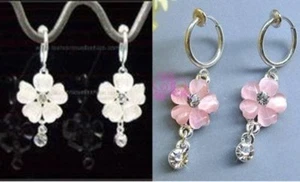 1 PAIR SPRING CLIP-ON PINK or WHITE FLOWER+CZ DROP DANGLE EARRINGS - Picture 1 of 3