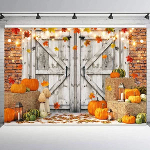10x8ft Harvest Pumpkin Leaf Wood Barn Door Fall Vinyl Backdrop Photo Background - Picture 1 of 11