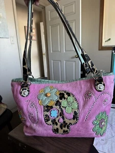 Western ,Large,Pink,Hair On Hide, Studded, Skull, Leather Shoulder Bag. - Picture 1 of 8