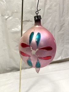 Vtg MCM Poland Pink Teardrop Christmas Aqua, White Hand Painted Glass Ornament - Picture 1 of 7