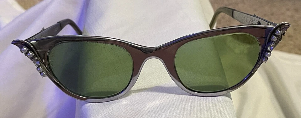 Vintage Tura 3-D Rhinestone Pearl Cat Eye Sunglasses w/ Green Lenses Glasses - Image 1 of 4