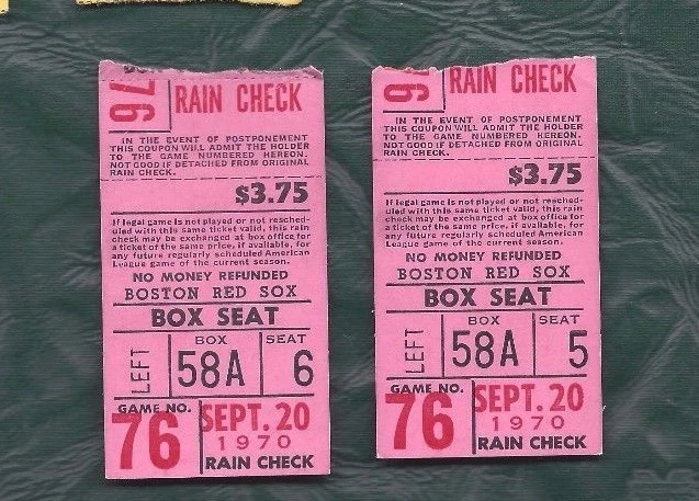 1970 9/20 baseball ticket lot 2 Washington Senators Boston Red Sox Conigliaro HR - Image 1 of 1