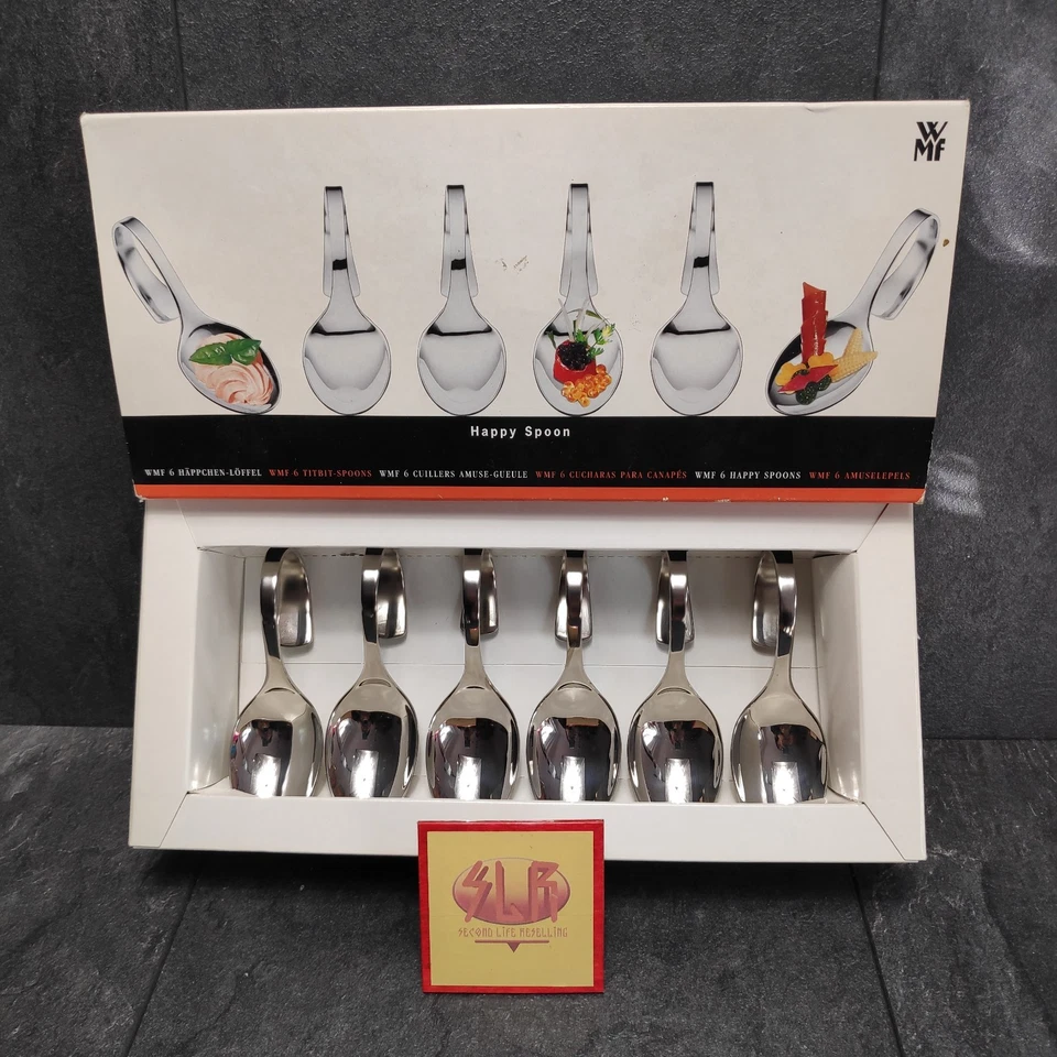 WMF Happy Spoon 6 Häppchen-Löffel Buffetlöffel Servierlöffel Cromargan Mit OVP  - Bild 1 von 4