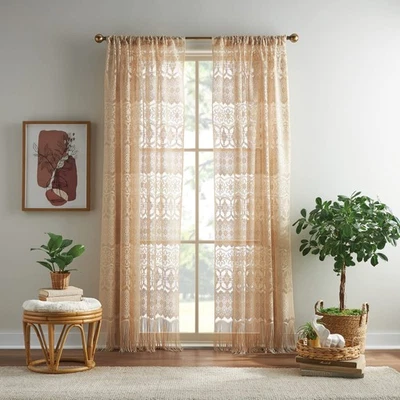 Boho Curtains Sheer Curtains Lace Vintage Tassel Fringe Window Curtain Panel ... - Image 1 of 4