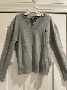 Polo Ralph Lauren Boys V-neck Sweater Size 8. Navy Logo. 100% Cotton. Gray - Picture 1 of 16