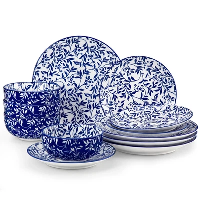 MALACASA 12 Pieces Dinnerware Sets, Porcelain Plates and Bowls Set for 4, Blue a - Image 1 of 4