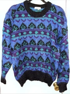 Suéter Vintage Gallagher Azul Teal Púrpura Fair Isle Cuello Redondo Mezcla Mohair Med - Imagen 1 de 7