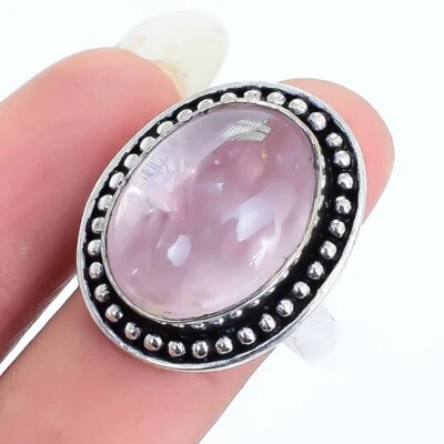 Pink Rose Quartz Gemstone Handmade Ethnic Silver Jewelry Ring Size 8 RRJ17021 - Image 1 of 4