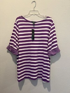 Top donna Lauren Ralph Lauren viola bianco a righe cotone manica 3/4 taglia 3X - Foto 1 di 6