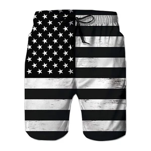 Men's Swim Trunks, Patriotic, Quick Dry, Board Short - Black with White US Flag - Picture 1 of 6