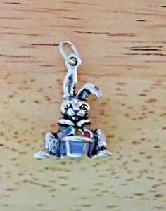 Sterling Silver Purple Pink Blue Enamel Rabbit Bunny Easter Eggs & Basket Charm - Picture 1 of 8