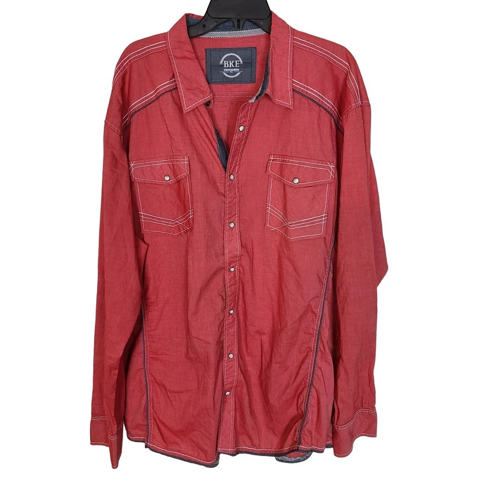 Camisa BKE Para Hombres 3XL Roja Mangas Largas Ajuste Atlético Frontal a Presión Bolsillos Occidental Foto 1 de 4