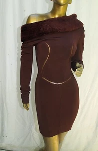 AZZEDiNE ALAiA ViNTAGE Faux Fur Collar Burgundy-Red Mini Dress XS - Picture 1 of 8
