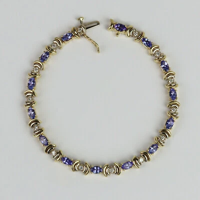 Linda pulseira de tênis feminina de ouro amarelo 14k, diamante, tanzanita 7" - Imagem 1 de 2
