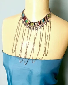 Multicolour Glass Beads, Silver tone Chains Statement necklace 44-50cm D207 - Picture 1 of 3