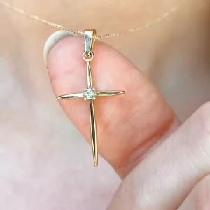 14KT Yellow Gold Thin Passion Cross with .01 CT Round Diamond Pendant Small New - Picture 1 of 8