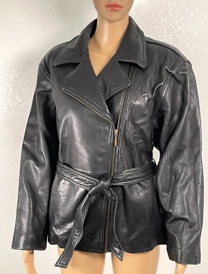 Abrigo Chaqueta Valerie Stevens Cuero Cinturón Lema Talla 6 Negro Suave Cordero Cremallera Frontal Foto 1 de 4