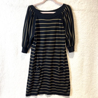 Vestido recto tejido Eliza J L azul marino tostado a rayas manga 3/4 manga abullonada costero preppy Foto 1 de 4