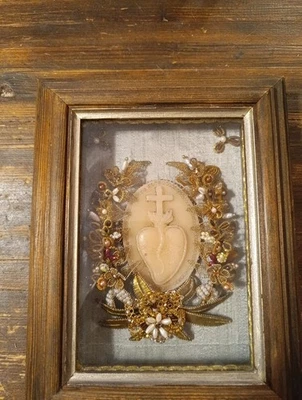 Cadre Reliquaire Ex Voto Coeur En Cire Et Reliquaire - Photo 1/4
