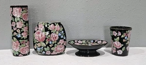 Juego de tocador floral Otagiri Tavisto Japón 4 piezas negro con rosas rosadas adorno dorado - Imagen 1 de 13