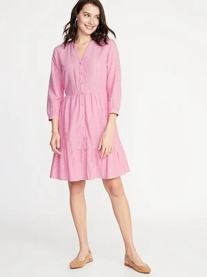 Old Navy Womens S Pink Striped Waist Defined Shirt Dress Linen Cotton Fall - Image 1 of 4