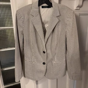 Lauren Ralph Lauren Seersucker Gray White Striped Blazer Jacket Womens 10 NEW - Picture 1 of 15