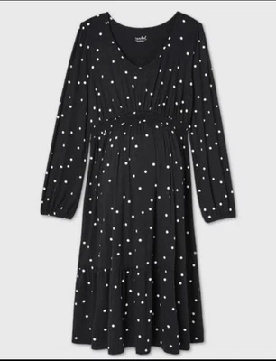 Women's Isabel Maternity Polka Dot Long Sleeve Smock Waist Tiered Dress Black M - Image 1 of 4