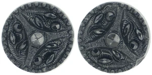 C1880s Antique Victorian Black Glass Lacy Geometric Flower Button Pair Set LOT - Picture 1 of 5