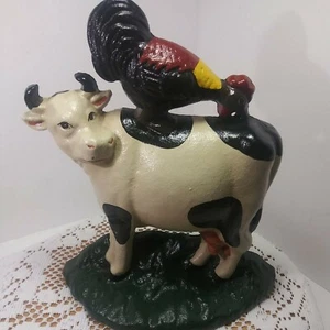 Vintage Cast Iron Dairy Cow With Chicken On It Back Door Stop.  Beautiful Piece  - Picture 1 of 12