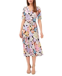 MSK Floral-Print Tie-Waist V-Neck Midi Dress Women's L Multi Pullover Style - Picture 1 of 16