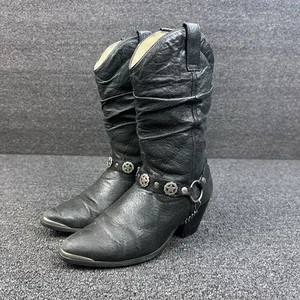 Vtg Dingo Boots Women Size 6.5 Olivia Slouch Chain Harness Concho Black Leather - Picture 1 of 15