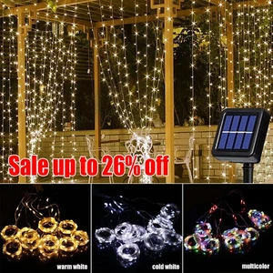 Solar Curtain Fairy String Lights Hanging Gazebo Patio Garden Waterfall Lights~ - Picture 1 of 23