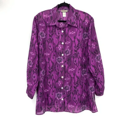 Vintage 90s Notations Button Front Blouse Womens Sz 1X Purple Floral Print - Image 1 of 4