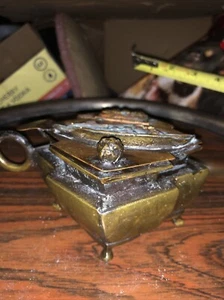 Antique Bronze Snuff Box With Ships Japanese Meiji Period Footed Box - Picture 1 of 12