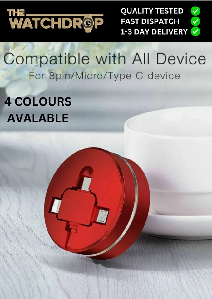 3 in 1 Retractable Charging Sync USB Cable 8 Pin Type C Micro For iPhone Samsung - Image 1 of 1