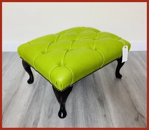 Chesterfield Buttoned Queen Anne Green Genuine Leather Footstool - Picture 1 of 7