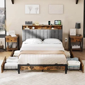 Queen Size Bed Frame Metal Platform Bed with Storage Drawers Headboard USB Ports - Picture 1 of 18
