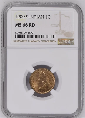 1909-S NGC MS66RD $16,500 PCGS Price Guide - Lowest Mintage Indian Cent - RED 1C - Image 1 of 4