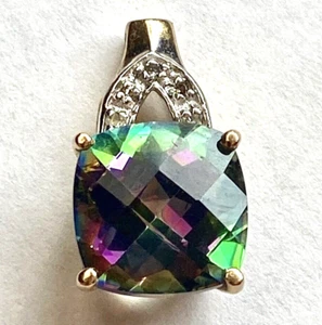 10k Solid Gold Diamond Radian Cut Faceted Mystic Topaz Pendant - Picture 1 of 6